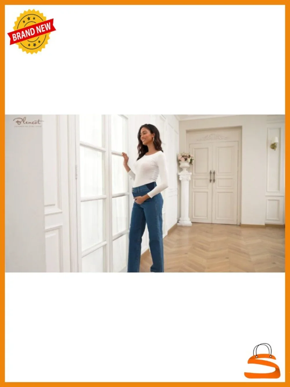 Maternity High Rise Straight Leg Boyfriend Jeans Cotton Adjustable Waist